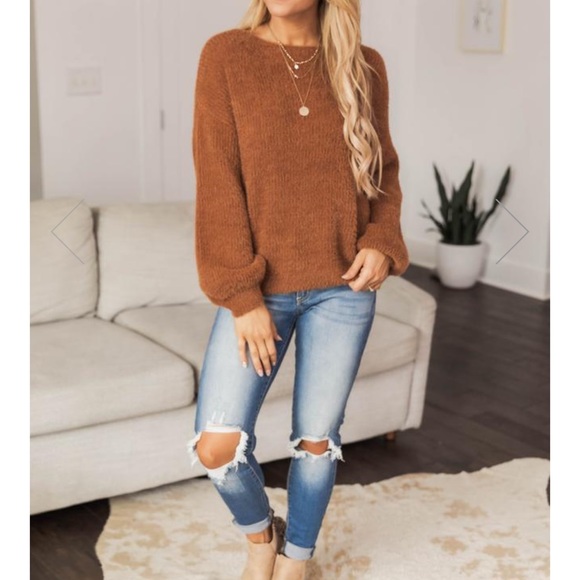 Late Night Talks Fuzzy Sweater Rust - Picture 3 of 4